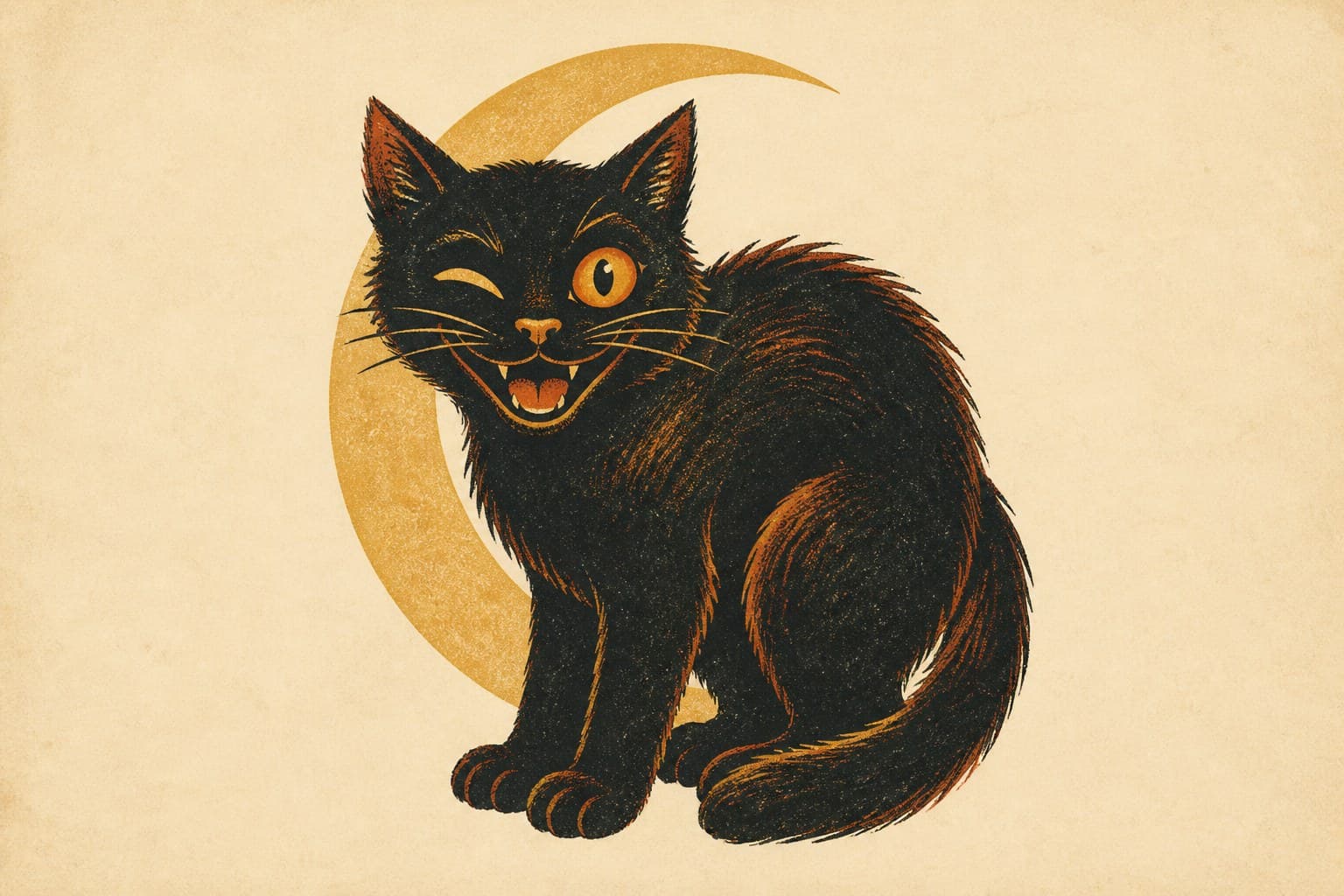 Vintage black cat with a paper moon